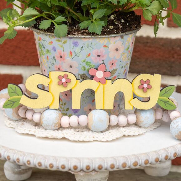 Wooden Cutout SPRING Decoration Pink Flowers Farmhouse Table Springtime Decor - Picture 1 of 3
